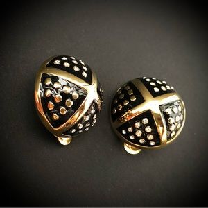Essex Vintage Black Gold Tone Cross Dome Clear Rhinestone Clip-on Earrings